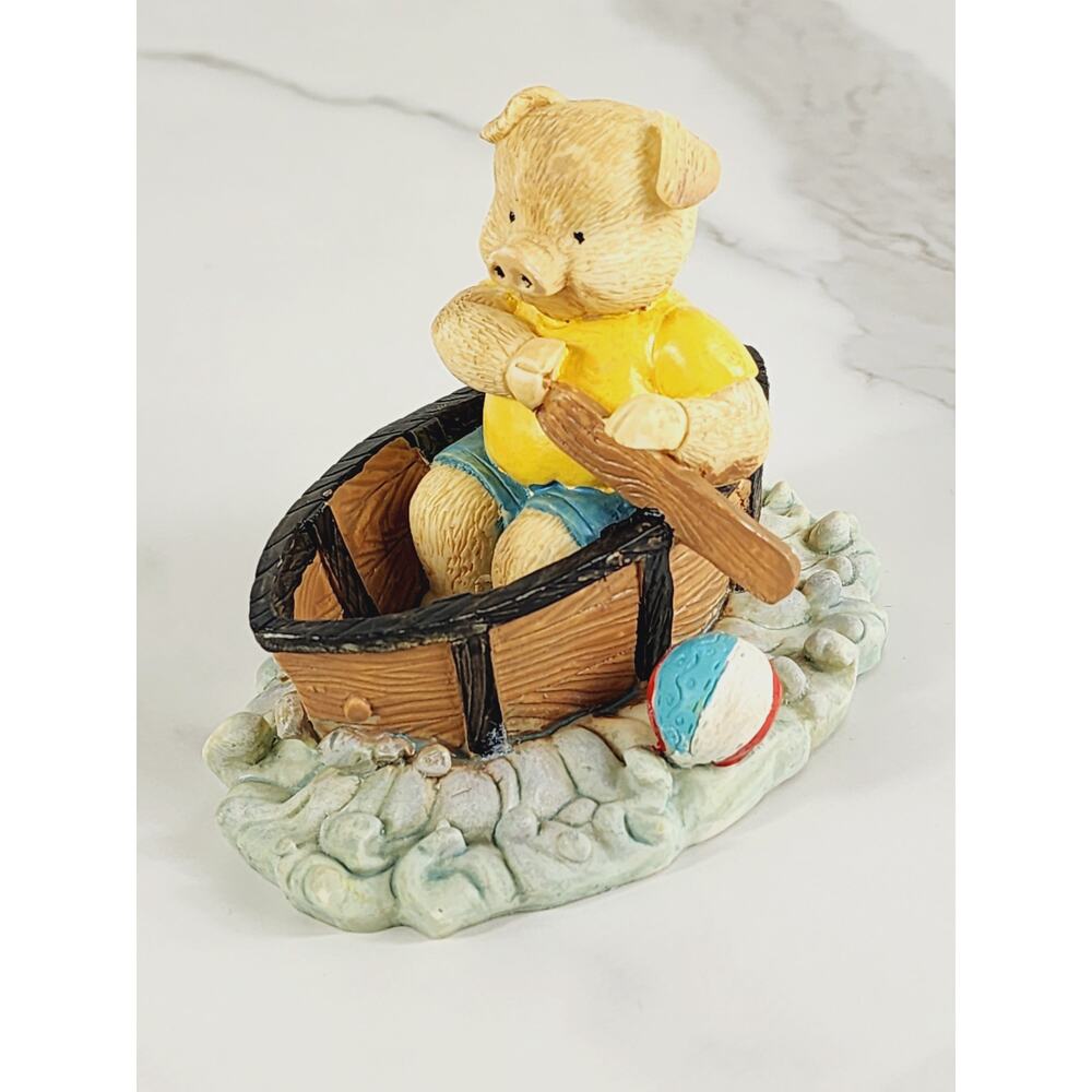 Piglet Pig Piggy Rowing On A Boat Figurine 4 1/4" Year 80s Home Decor Vintage
